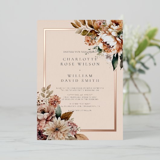 Elegant Cream Autumn Waterverf Flowers Bruiloft Folie Uitnodiging (Staand Voorkant)