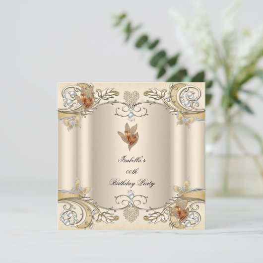 Elegant Cream Beige Gold Butterfly Birthday Kaart (Staand voorkant)