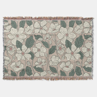 Elegant Cream Beige & Green Illustrated Floral Deken