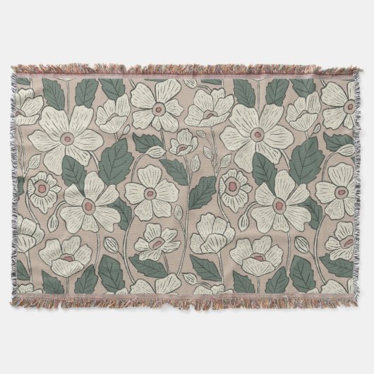 Elegant Cream Beige & Green Illustrated Floral  Deken (Voorkant)