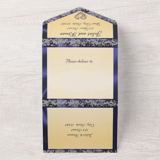 Elegant Cream, Blue Ribbon & Sparkle All In One Uitnodiging (Buitenkant)