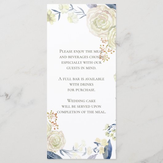 Elegant Cream Blue Waterverf Flower Menu (Achterkant)