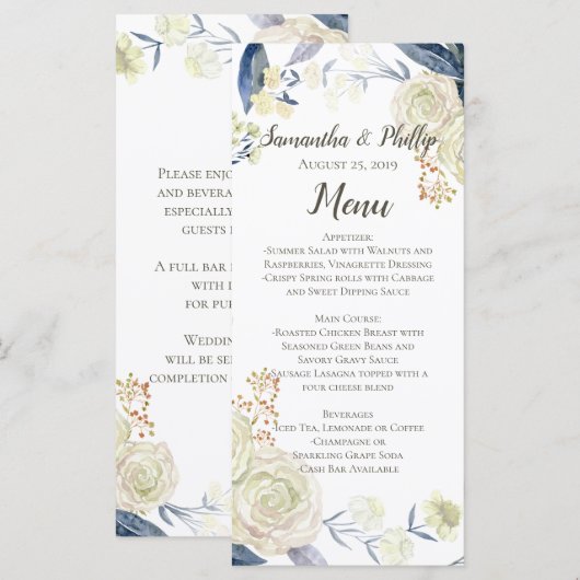 Elegant Cream Blue Waterverf Flower Menu (Voorkant / Achterkant)