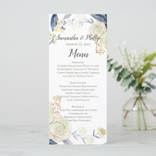 Elegant Cream Blue Waterverf Flower Menu (Staand voorkant)