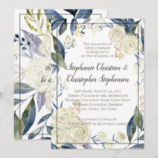 Elegant Cream Blue Waterverf Flower Wedding Kaart (Voorkant / Achterkant)