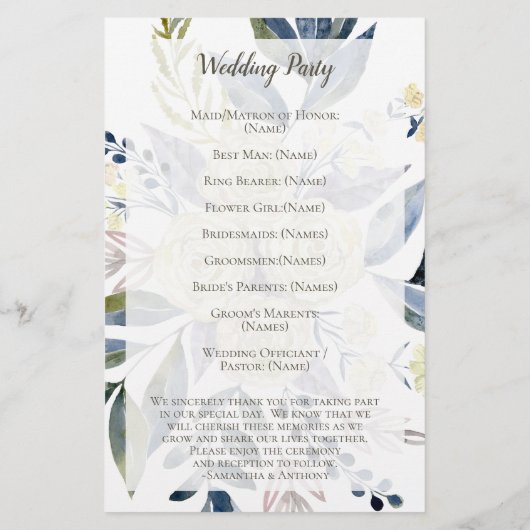 Elegant Cream Blue Waterverf Wedding Programme (Achterkant)