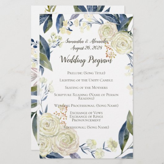 Elegant Cream Blue Waterverf Wedding Programme (Voorkant / Achterkant)