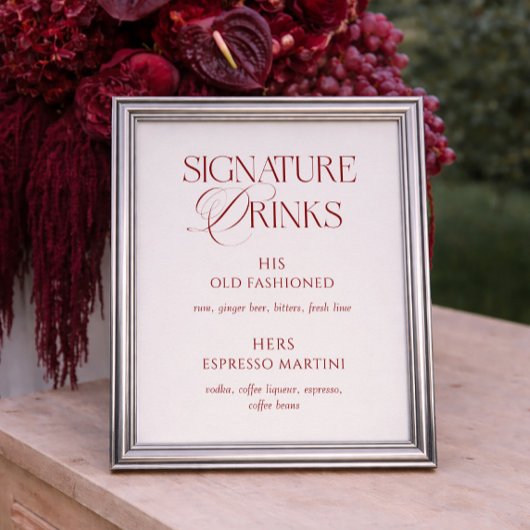 Elegant Cream & Burgundy Wedding Signature Drinks Poster