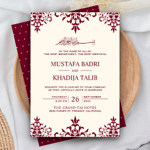 Elegant Cream en Burgundy Damask Islamic Wedding Kaart