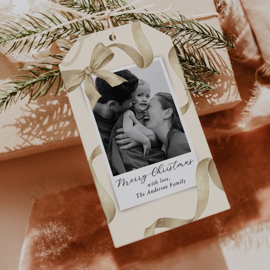 Elegant Cream Gold Bow Photo Holiday Cadeaulabel