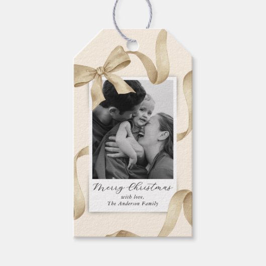 Elegant Cream Gold Bow Photo Holiday Cadeaulabel (Voorkant)