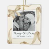 Elegant Cream Gold Bow Photo Holiday Keramisch Ornament (Links)