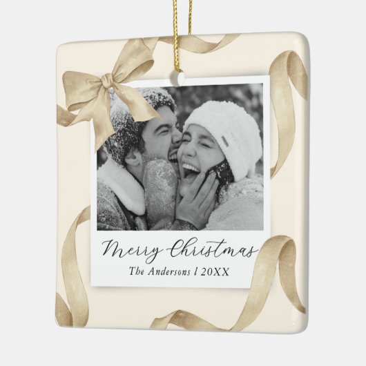 Elegant Cream Gold Bow Photo Holiday Keramisch Ornament (Links)