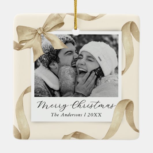 Elegant Cream Gold Bow Photo Holiday Keramisch Ornament (Achterkant)