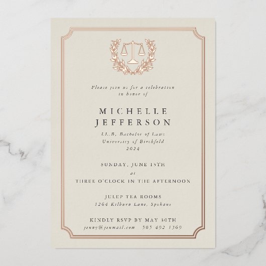Elegant Cream Law School Graduparty Folie Uitnodiging (Voorkant)