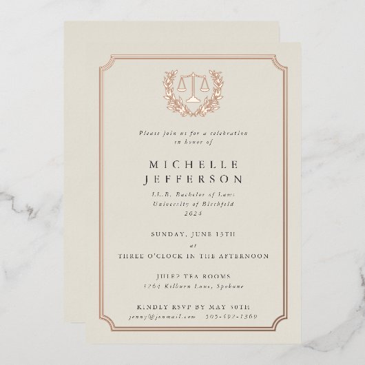Elegant Cream Law School Graduparty Folie Uitnodiging (Voorkant / Achterkant)