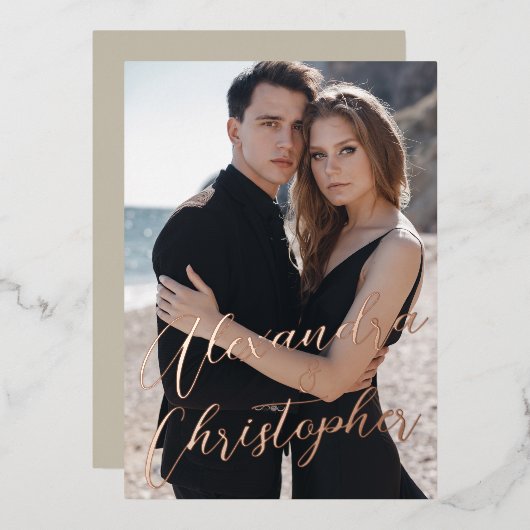 Elegant Cream Photo Calligraphy Gold Save the Date Folie Uitnodiging (Voorkant / Achterkant)