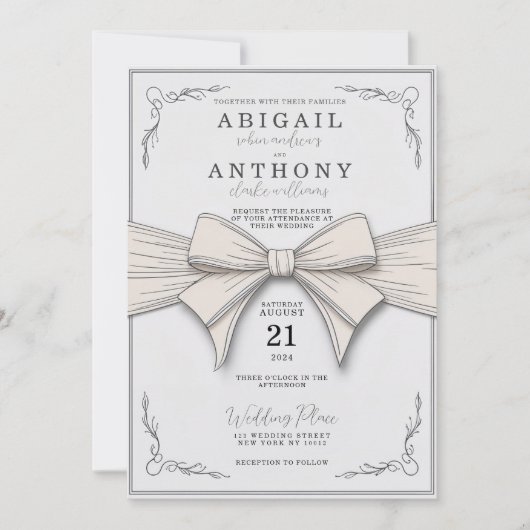 Elegant Cream Ribbon &  Bloemen Huwelijk Kaart (Voorkant)