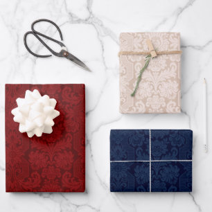 Elegant Cream, Rood & Blauw  Victoriaans Damask Inpakpapier Vel