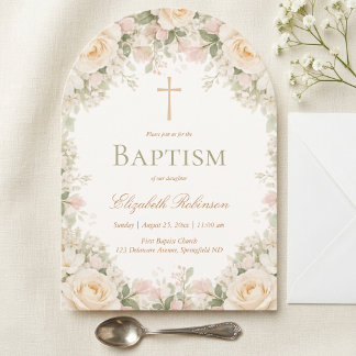 Elegant Cream Rose Floral Cross Baptism Kaart