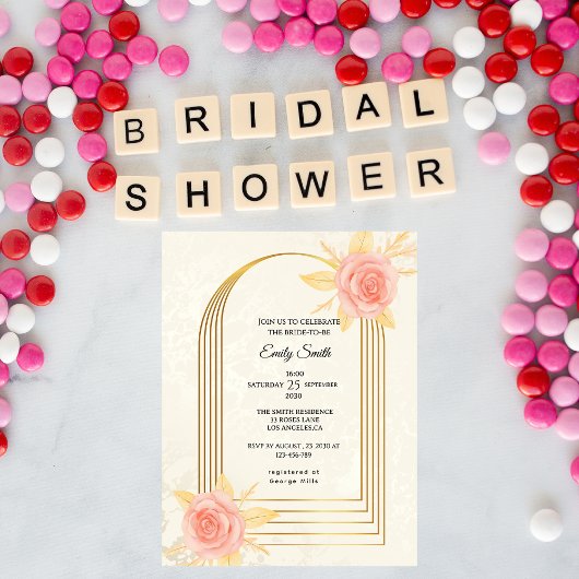 Elegant Cream Roses Golden  Luxury  Bridal Shower Kaart