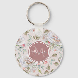 Elegant Cream Rozen Floral Monogram en naam Sleutelhanger