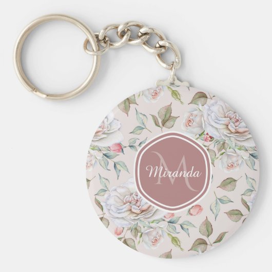 Elegant Cream Rozen Floral Monogram en naam Sleutelhanger (Voorkant)