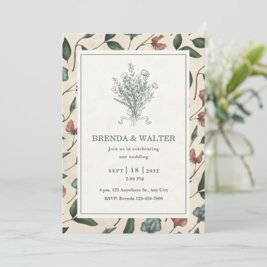 Elegant Cream Rustic Wildflower Sketch Wedding  Kaart (Staand voorkant)