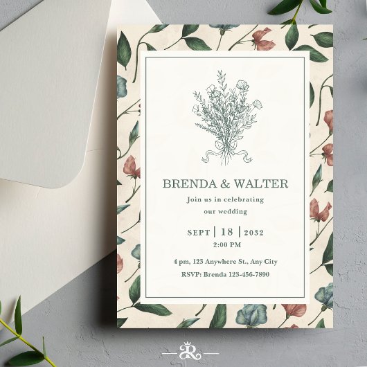 Elegant Cream Rustic Wildflower Sketch Wedding  Kaart