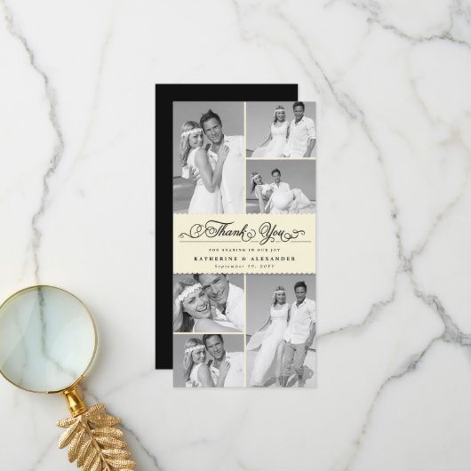 Elegant Cream Scalloped Band 6 Photo Chic Wedding Bedankkaart (Voorkant / Achterkant in situ)