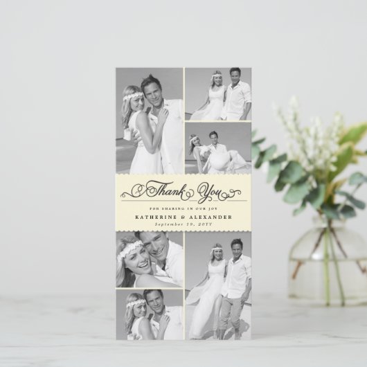 Elegant Cream Scalloped Band 6 Photo Chic Wedding Bedankkaart (Staand voorkant)
