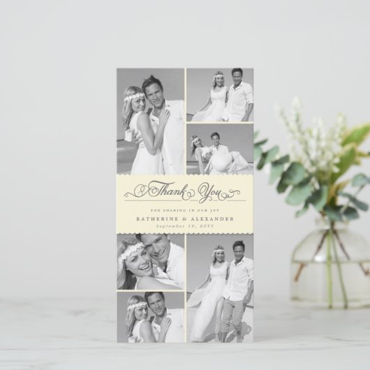 Elegant Cream Scalloped Band 6 Photo Chic Wedding Bedankkaart (Staand voorkant)