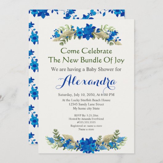 Elegant Cream Shells Blue Boy Floral Baby shower (Voorkant / Achterkant)