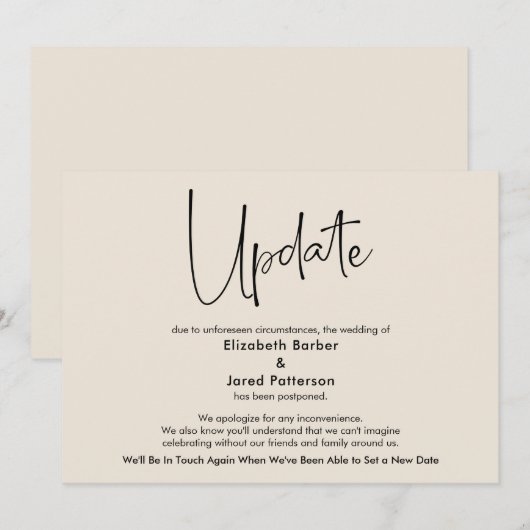 Elegant Cream Uitgestelde Wedding Update Kaart (Voorkant / Achterkant)