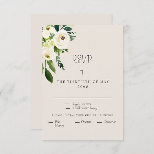 Elegant Cream White Floral Dinner Modern Font RSVP (Voorkant / Achterkant)