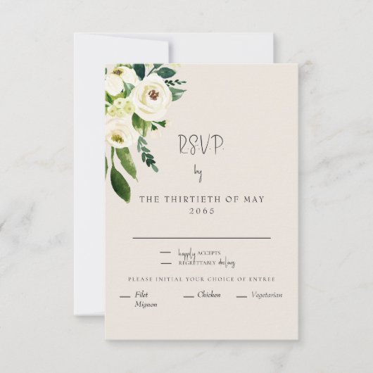 Elegant Cream White Floral Dinner Modern Font RSVP Kaartje (Voorkant)