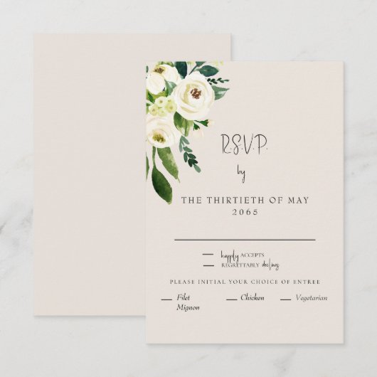 Elegant Cream White Floral Dinner Modern Font RSVP Kaartje (Voorkant / Achterkant)