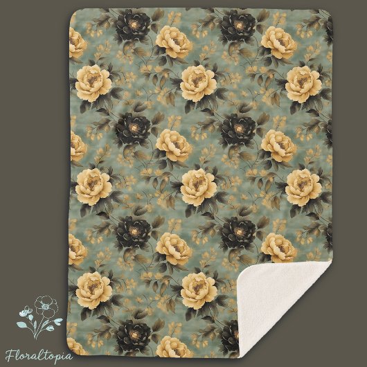 Elegant  Cream & Zwart Roos Bloemenpatroon Sherpa Deken