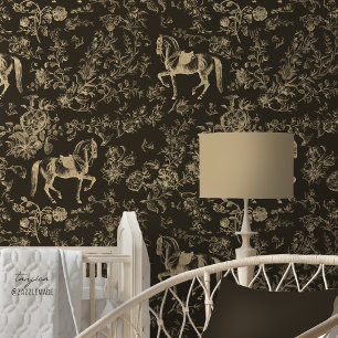 Elegant Crème Bruin Paard Bloemenpatroon Behang