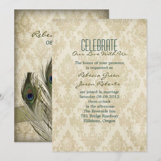 elegant  crème damask peace ock bruiloft kaart (Voorkant / Achterkant)