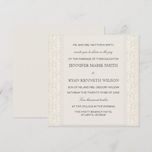Elegant Creme Damask Wedding Invitation Kaart (Voorkant / Achterkant)