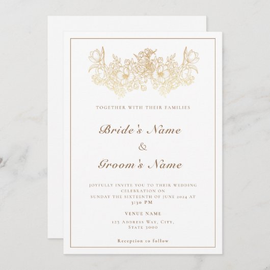 Elegant crème en goudflorale huwelijksuitnodiging kaart (Voorkant / Achterkant)