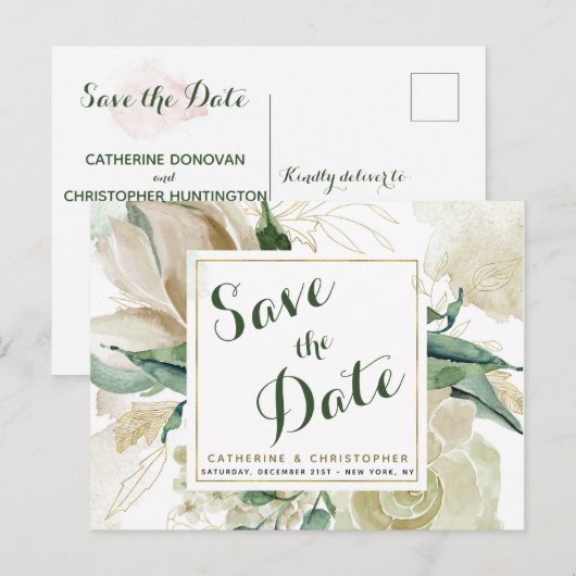 Elegant Creme Floral Save the Date Wedding Aankondigingskaart (Voorkant / Achterkant)