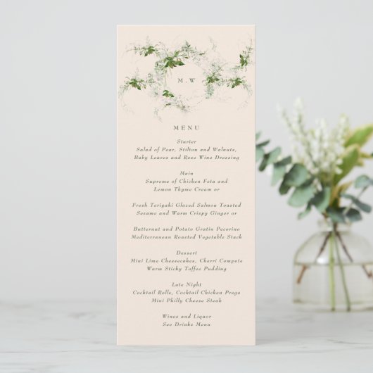 Elegant crème monogram | Eucalyptus krans bruiloft Menu (Staand voorkant)