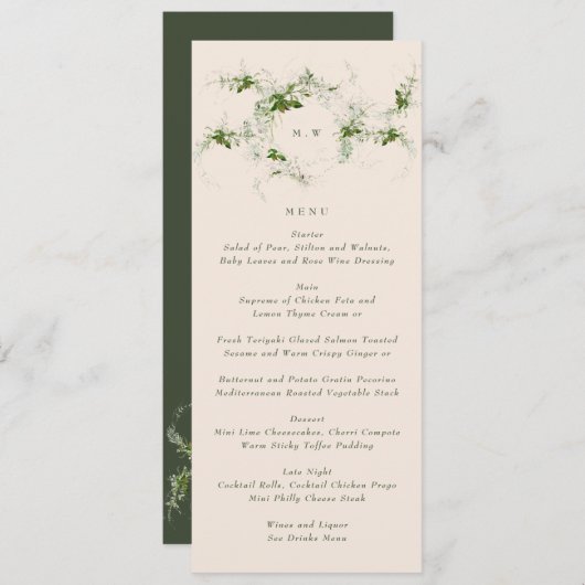 Elegant crème monogram | Eucalyptus krans bruiloft Menu (Voorkant / Achterkant)