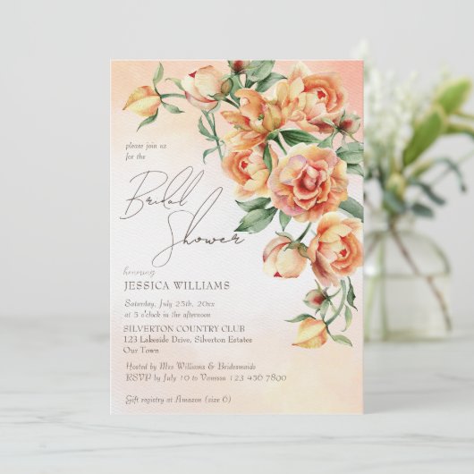 Elegant crème perzik oranje rozen vrijgezellenfees kaart (Staand voorkant)