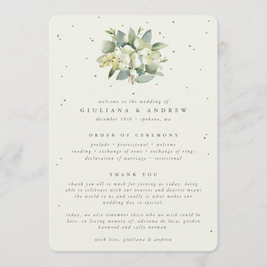 Elegant Crème Sneeuwbes + Eucalyptus Bruidsboeket Programmakaart (Voorkant)