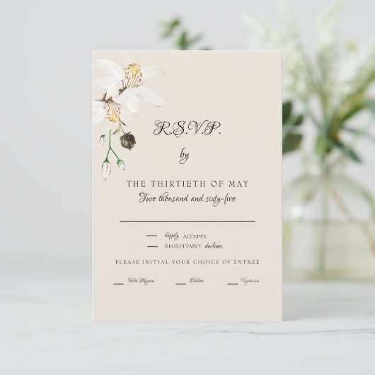 Elegant Crème Wit Bloemen Diner Script RSVP (Staand voorkant)
