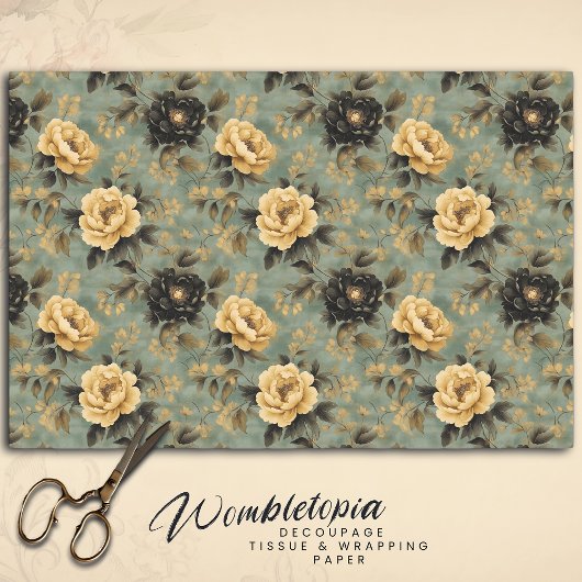 Elegant Crème & Zwart Roos op Sage Green Decoupage Tissuepapier