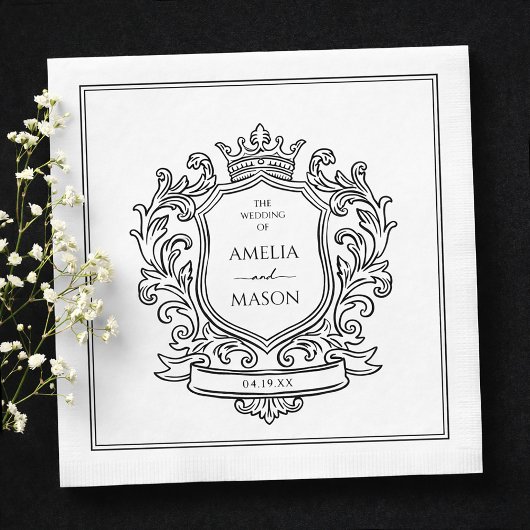 Elegant Crest Black and White Paper Wedding Servet